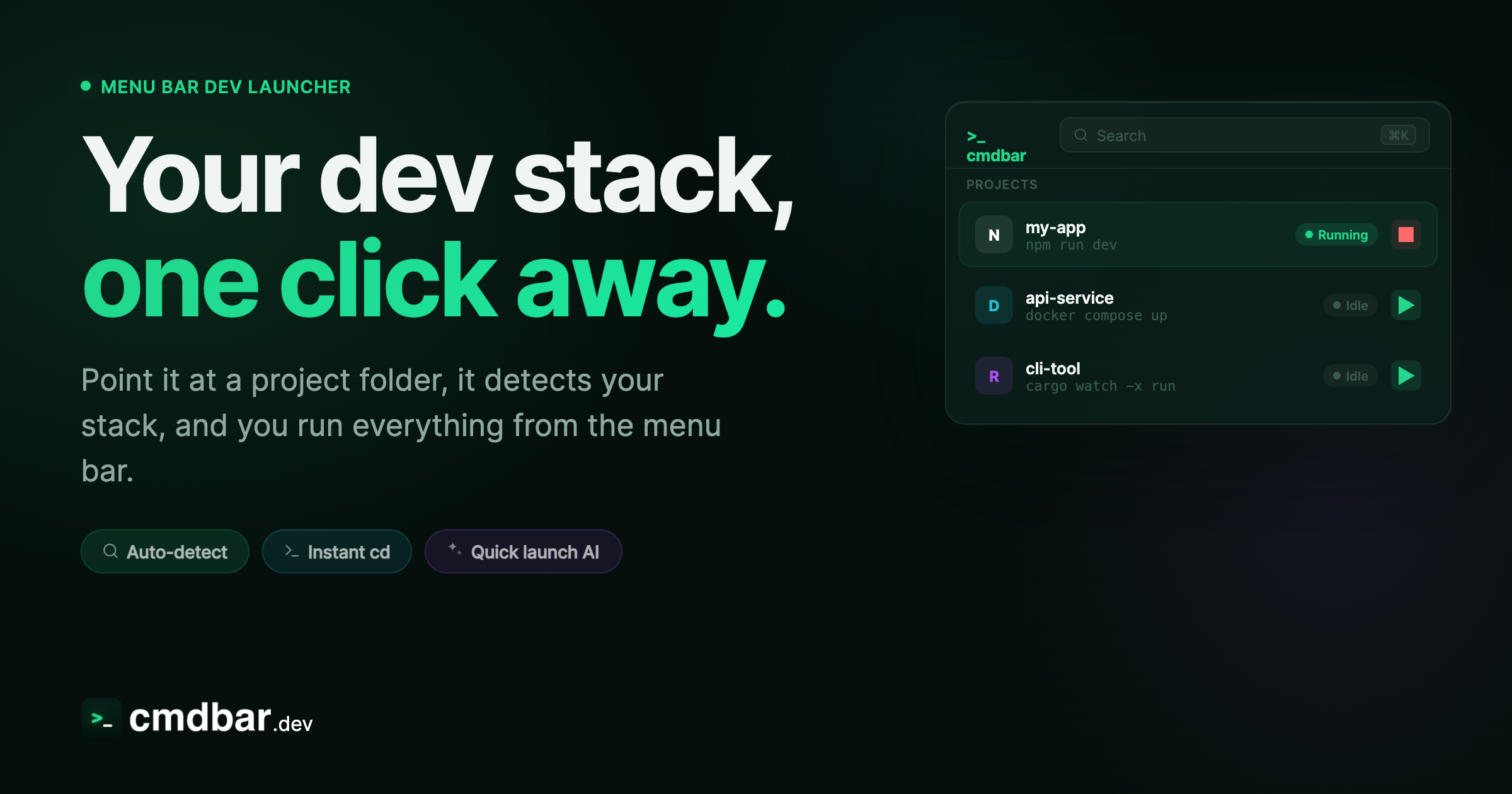 cmdbar — Run your dev stack from the menu bar